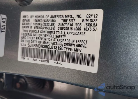 2012 Honda Cr-V Lx из США, поврежденный, VIN 5J6RM3H35CL013190